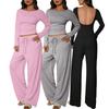 Women Autumn Solid Color Casual Basic Long Sleeve Backless Drawstring Long Pants Set For Women