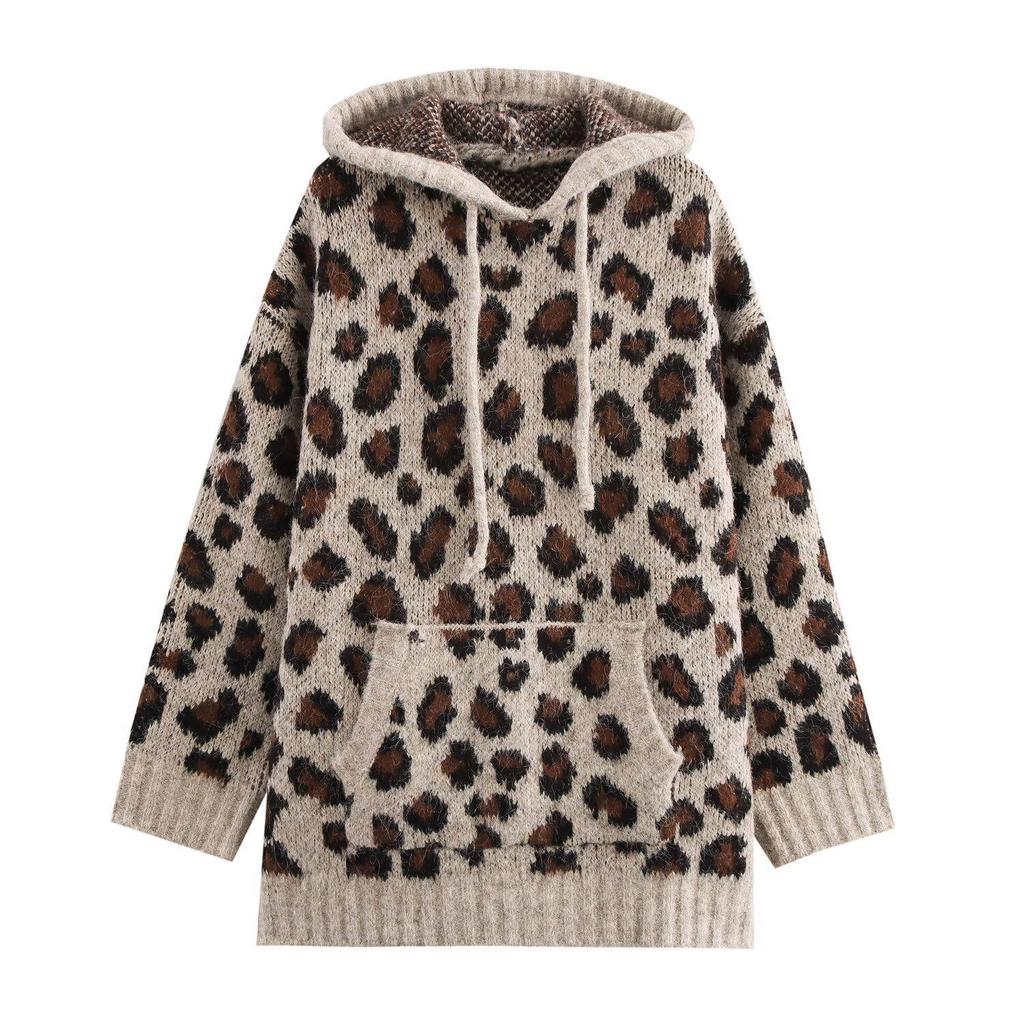 Women's Leopard Print Hooded Knit Sweater - Winter 2024 European and American Style