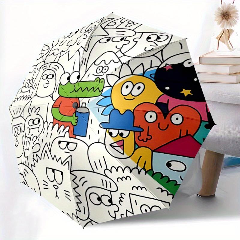 1pc Cute graffiti Automatic Open/Close Umbrella with Windproof, Functional Design, 8-Rib Sturdy Canopy