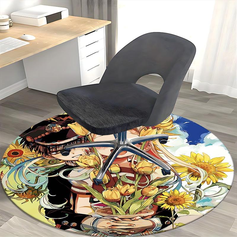 1pc Anime Cartoon Design Sunflower & Tulip Round Carpet - Office Chair Mat, Non-Slip Rug for Home Decor, Living Room, Bedroom, Game Room, Dormitory, G