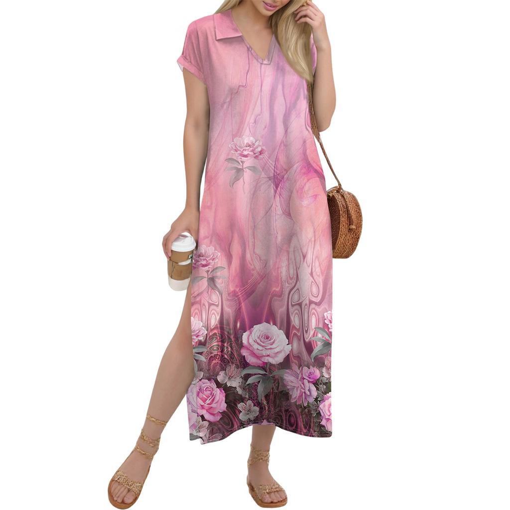 Women's Long Skirt Casual V-neck Long Shirt Dress Loose Slit Holiday Short Sleeve Dress