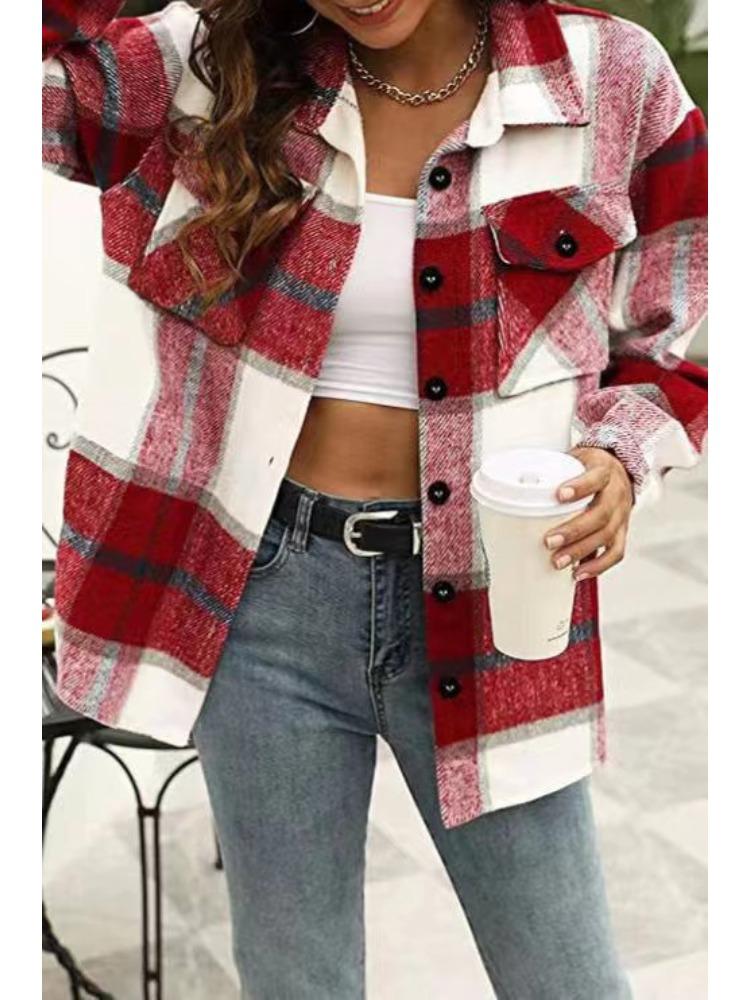 Women's Black White Brown Checkered Long Sleeve Button Down Shirt
