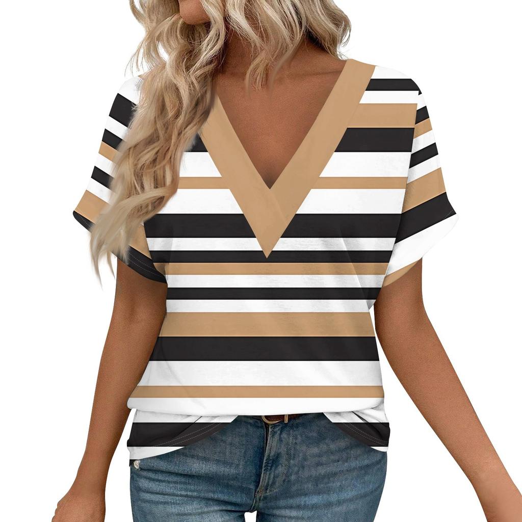 Damen Kurzarmshirts V-Ausschnitt Print Tops Freizeitoberteile Basic Tees Bluse Lockere Oberteile