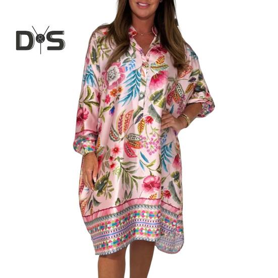 Women's Plus Size Boho Dress Floral Print Short Sleeved Button Up V Neck Dress Knee Length Summer Casual Shirt Dress
