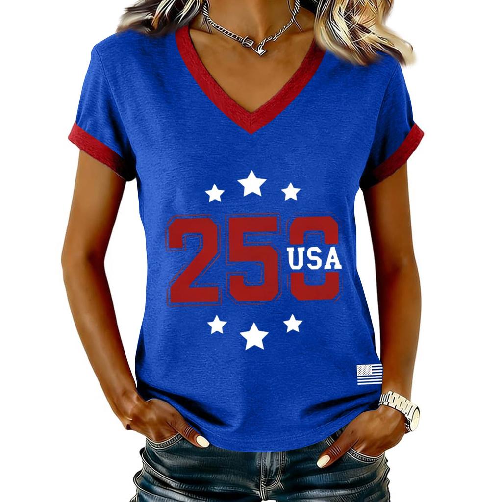 Women's Casual V Neck Short Sleeve Pullover Printed T-Shirt Top