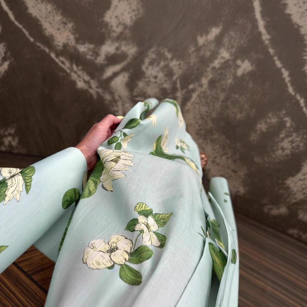 Women's long-sleeved lapel green print elegant shirt dress