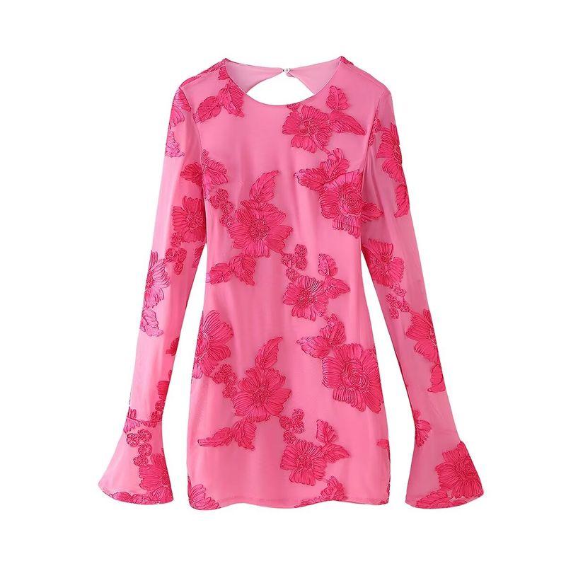 

Kaslead New Arrival Women s Clothing Fashion Style Fashion Minimalist Three-Dimensional Plate Flower Long Sleeves Backless Dress Pink L