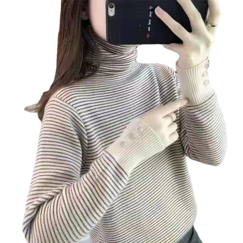 Green significant other integrated fleece striped bottoming shirt women's autumn and winter new inner knitted sweater pile collar fleece