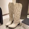 Autumn Winter Belt Buckle Rivet Women Western Cowboy Boots Fashion Slip On Thick Heel Shoes Embroidery Knight Botas
