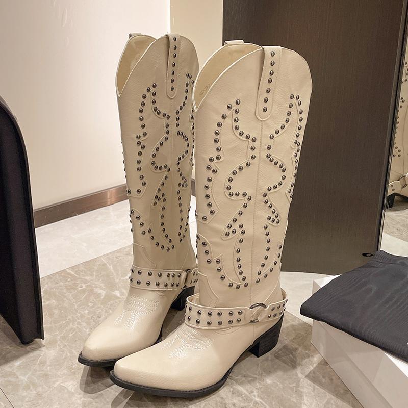 Autumn Winter Belt Buckle Rivet Women Western Cowboy Boots Fashion Slip On Thick Heel Shoes Embroidery Knight Botas
