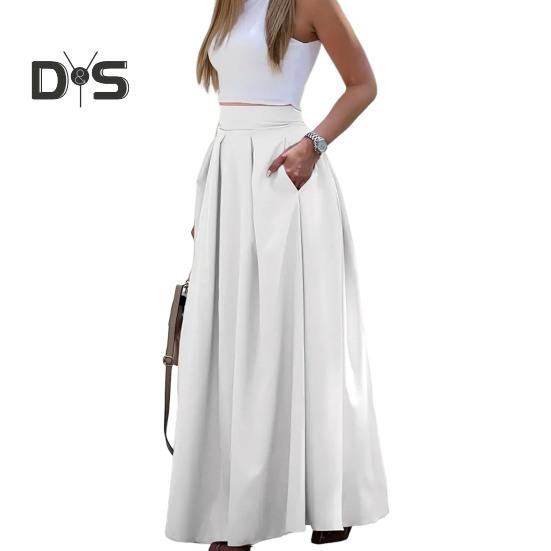 Dámská maxi sukně s vysokým pasem, prodyšná, s velkým lemem, dlouhá sukně s kapsami, stylová večírek, zeštíhlující sukně