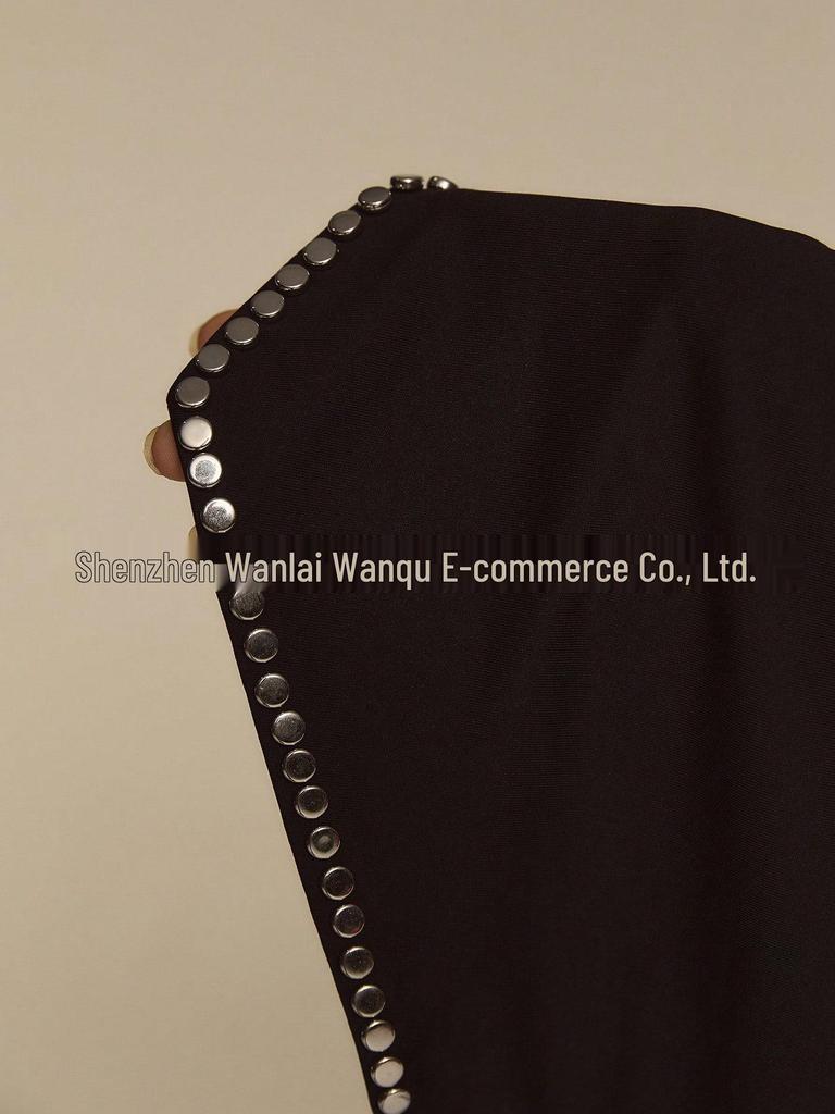 Spicy Style Black Halter Neck Backless Camisole with Pleats & Rivet Accents