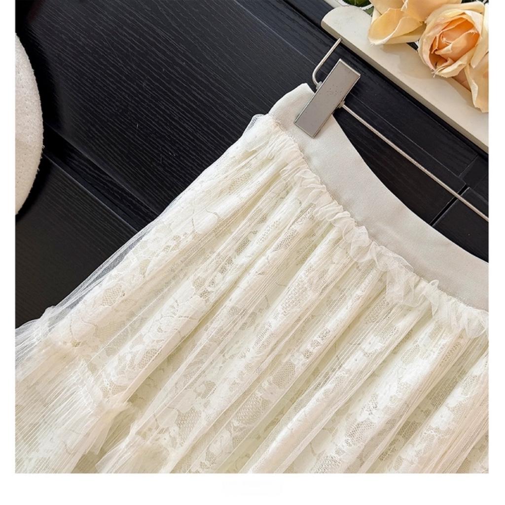 Women's Fairy Embroidered Mesh Midi Skirt - High Waist, Slimming, Fluffy Cake Design for Autumn/Winter