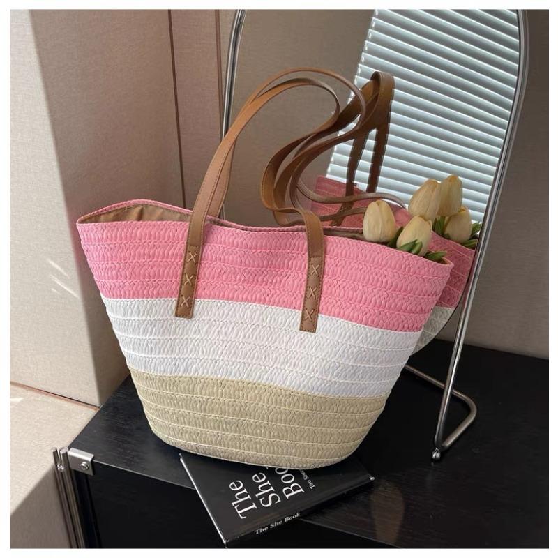 

New contrasting color shoulder straw bag handwoven bag women s large-capacity tote bag women s seaside vacation beach bag Welt zipper
