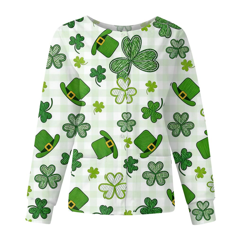 Damen Casual Mode Langarm Stehkragen Einreiher St. Patrick's Day Print Arbeitsjacke Tops