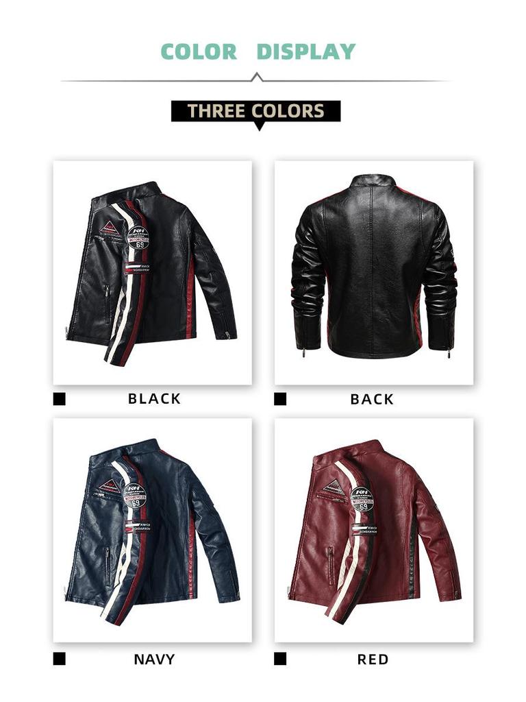 Men's Color Block PU Leather Jacket with Fleece Lining, Motorcycle Racing Style