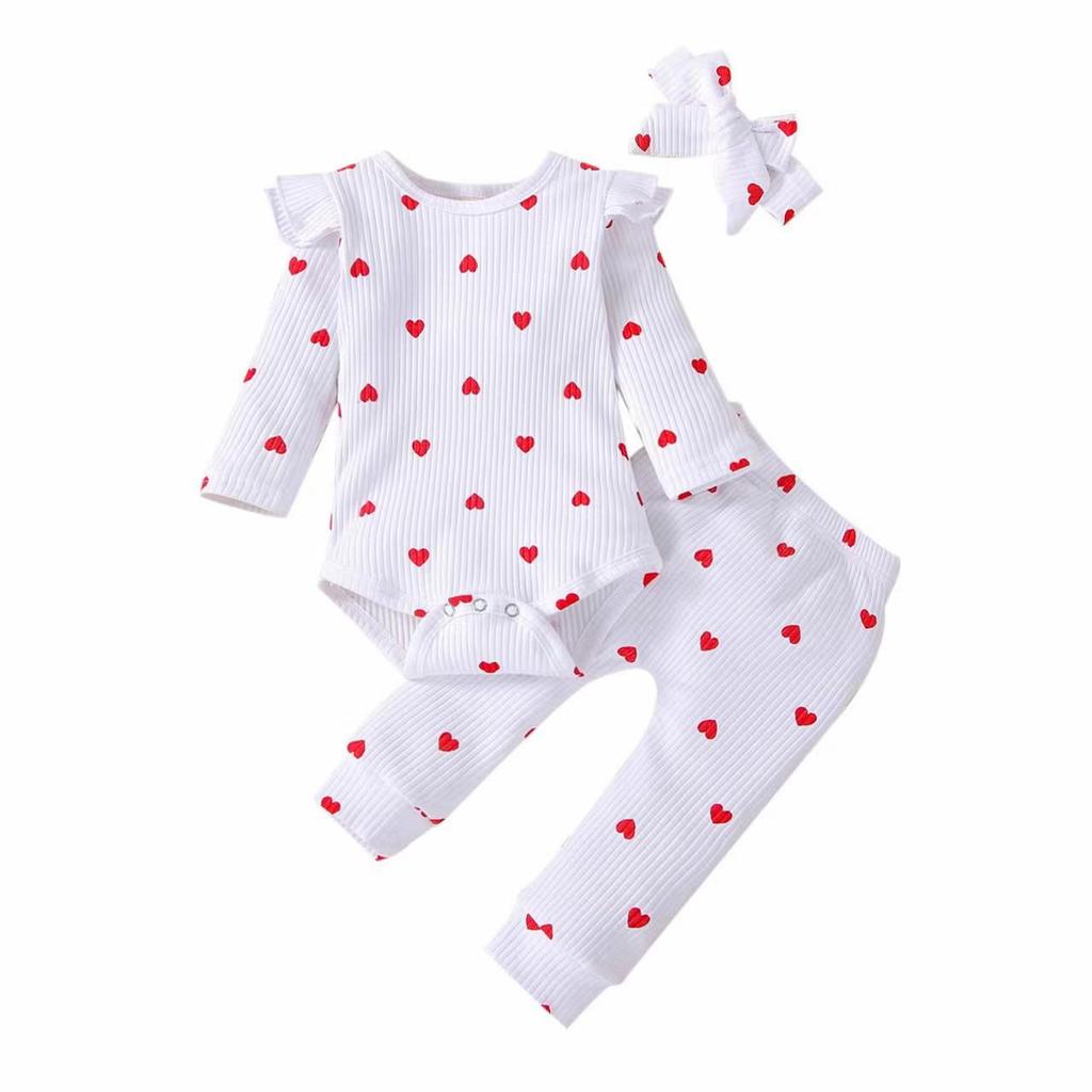 2023 Autumn/Winter Heart Print Romper for Baby Girls – Multicolor, Long Sleeve, Bowknot Accent