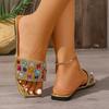 Women's Plus‑Size Colorful Rhinestone Slide Sandals, Ladies Outdoor Summer Fashion Square‑Toe Flat One‑Strap Rhinestone Slippers