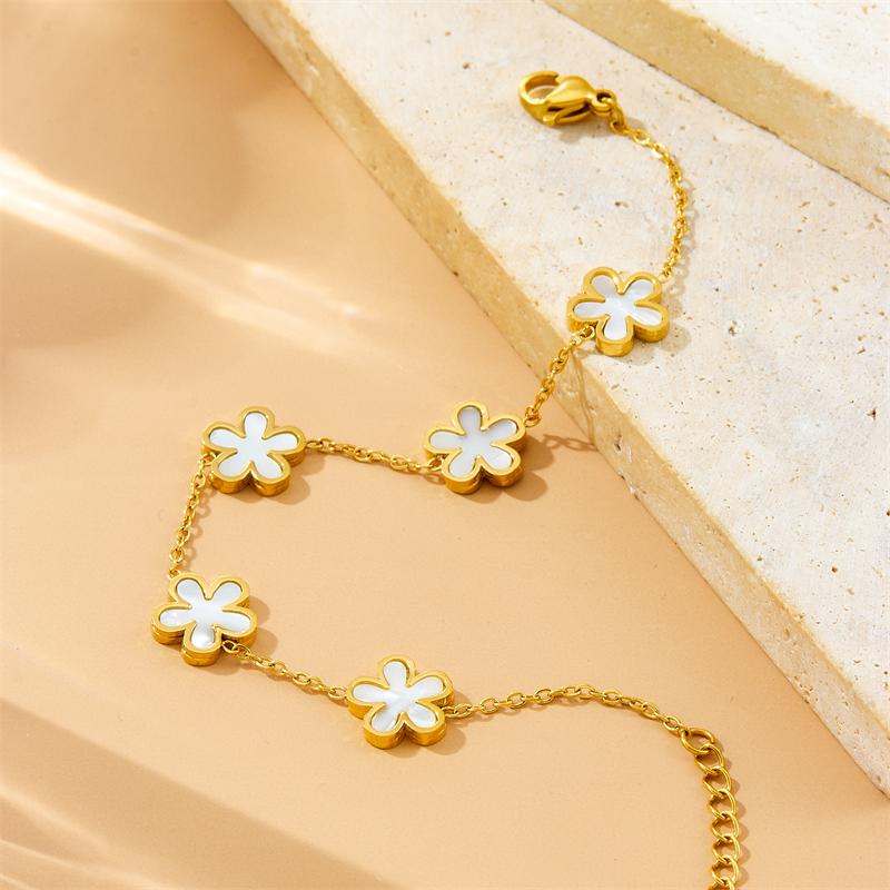DIEYURO 316L Stainless Steel Simple Elegant White Shell Five Leaf Flowers Necklace Bracelet Set Women New Trend Jewelry Gift