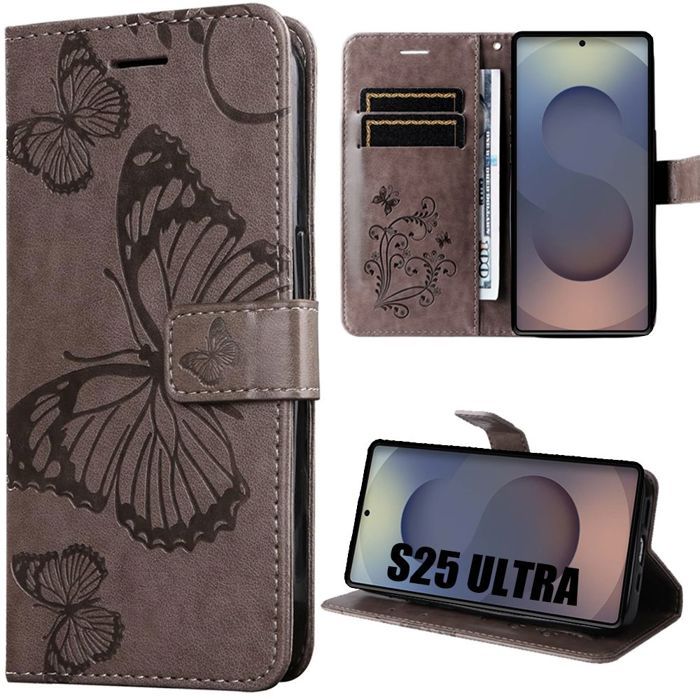 Coque de protection - BOOLING - pour Samsung Galaxy S25 Ultra - Cuir PU - Motif Papillon - Marron