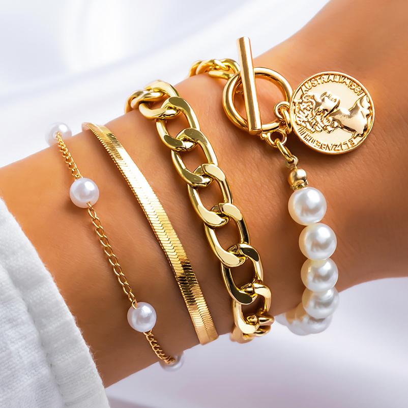 Ingemark Boho Imitation Pearl Chain Coin Pendant Bracelets Set for Women on Hand Vintage Snake Link Bangles Couple Wrist Jewelry