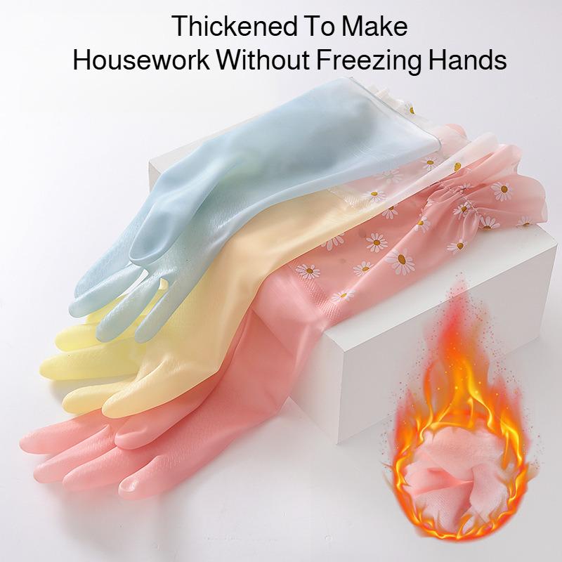 Dishwashing gloves women thickened housework kitchen durable laundry long gloves plus velvet rubber