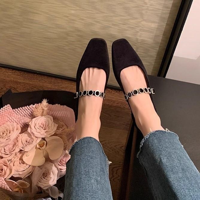 Sheepskin version~ French temperament rhinestone word with suede Mary Jane shoes square head ballet shoes shallow mouth flats