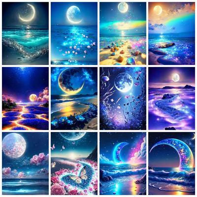 Volle quadratische Runde Diamant Malerei Mond Landschaft Mosaik Meer Fantasie Stickerei Home Decor