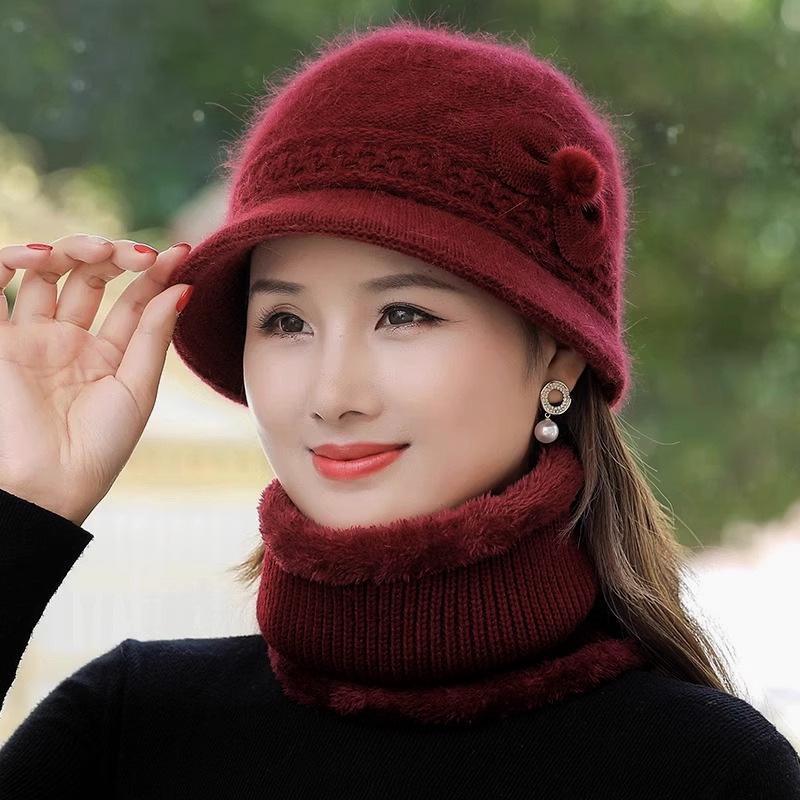 Elegantní vlněná čepice a šála pro zralé ženy - Plus sametově hřejivé, pletenina z veverčí vlny, všestranný design pro podzim/zimu