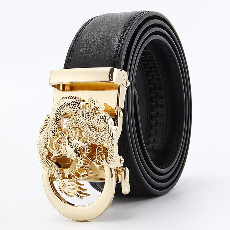 Dragon-Shaped 14-Pattern Two-Layer Cowhide Belt, Men'S Automatic Buckle Real Cowhide Brand Business Leisure Belt