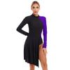 Womens  Mock Neck Color Block Long Sleeve Leotard Dress Side Split Asymmetrical Hem Dance Dresses