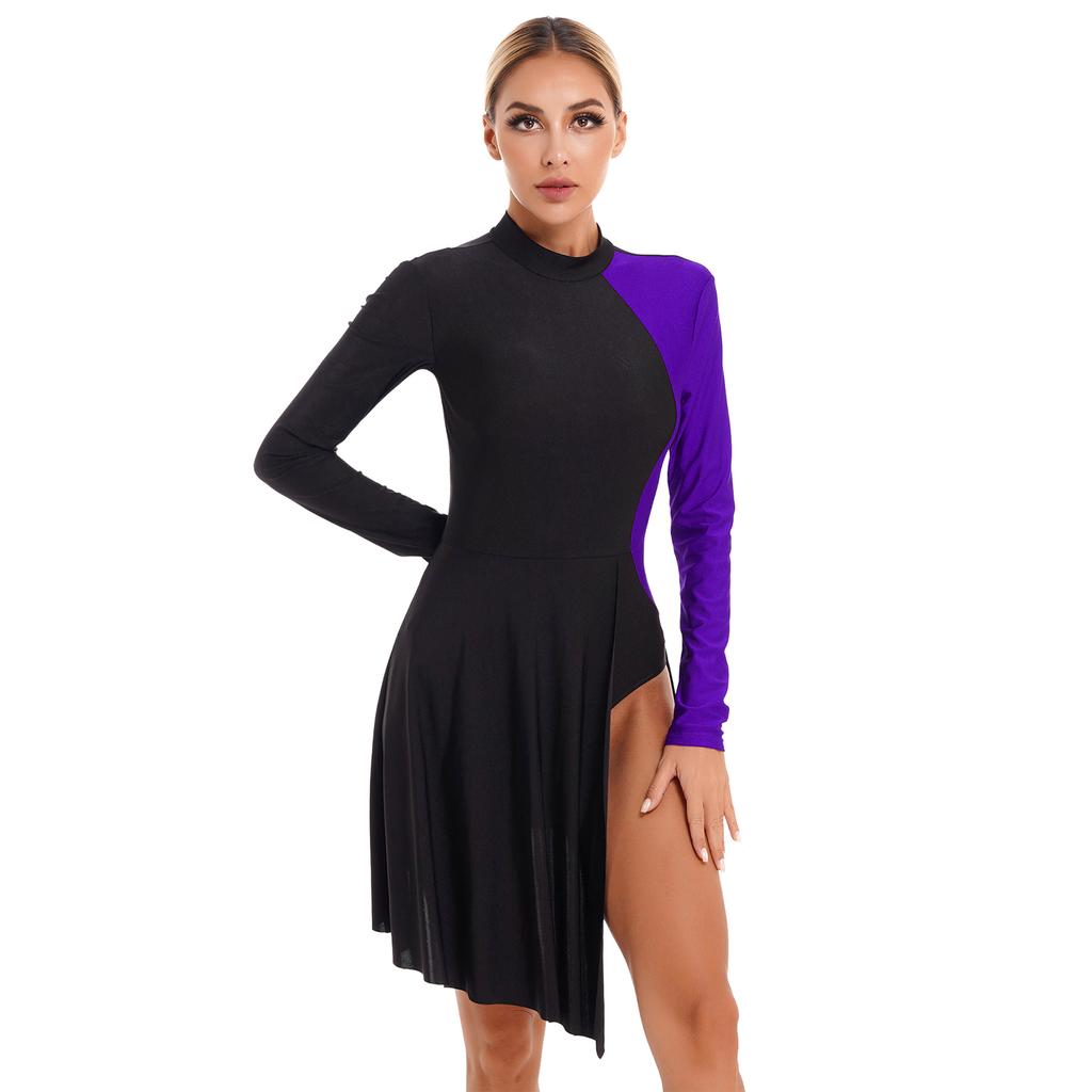 Womens  Mock Neck Color Block Long Sleeve Leotard Dress Side Split Asymmetrical Hem Dance Dresses