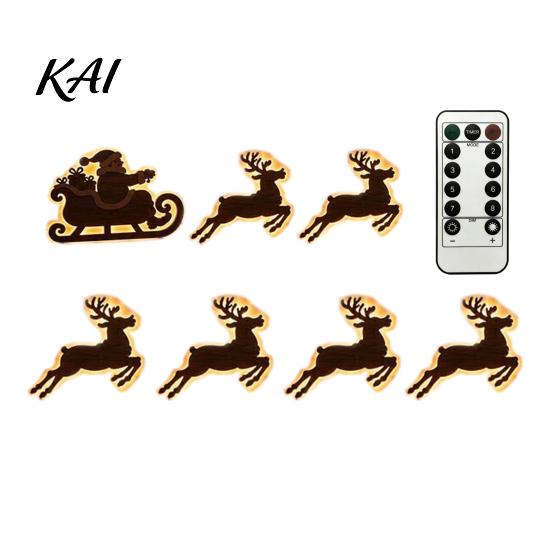 Rustic Christmas Home Ornaments 7PCS Wooden Wall Lights, Warm LED Backlight Glowing Silhouette Decorative Elk Figures Pendants, Style Hanging