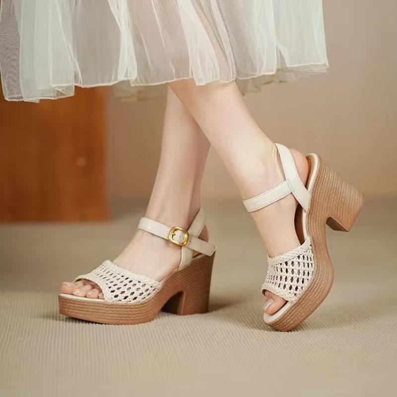 Women's Summer New High Heel Peep Toe Sandals Thick Sole Non Slip Leather Hollow Out Block Heel Buckle Strap Modern Sandals