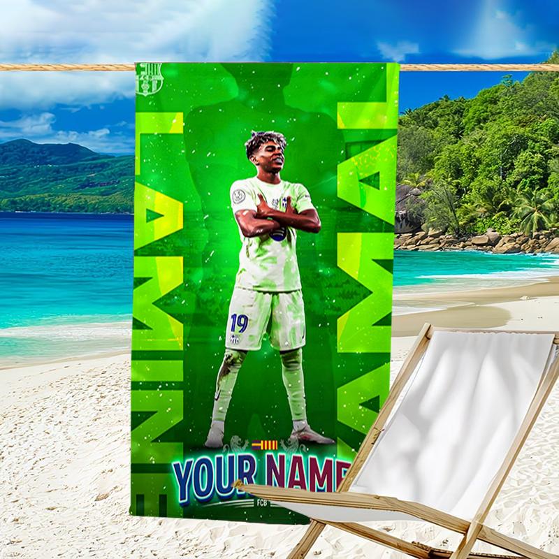 1pc Lamine Yamal Beach Towel with Custom Name, Beach and Seaside Swimming Pool Equipment, Fashion Pattern, Rectangular, Travel Essential