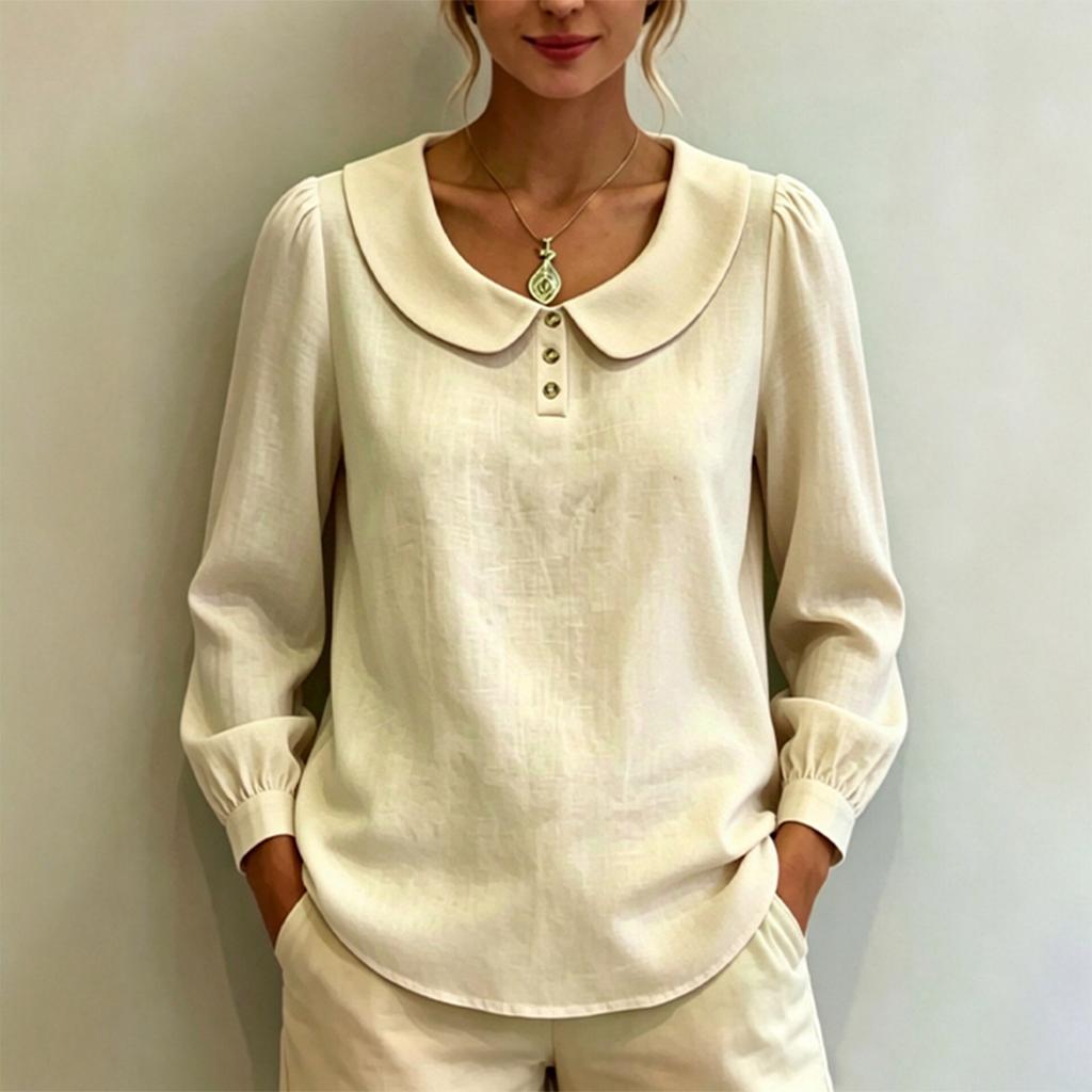 Women Long Sleeve Blouse Loose Fit Peter Pan Collar Shirt Breathable Puff Sleeve Top Casual Workwear
