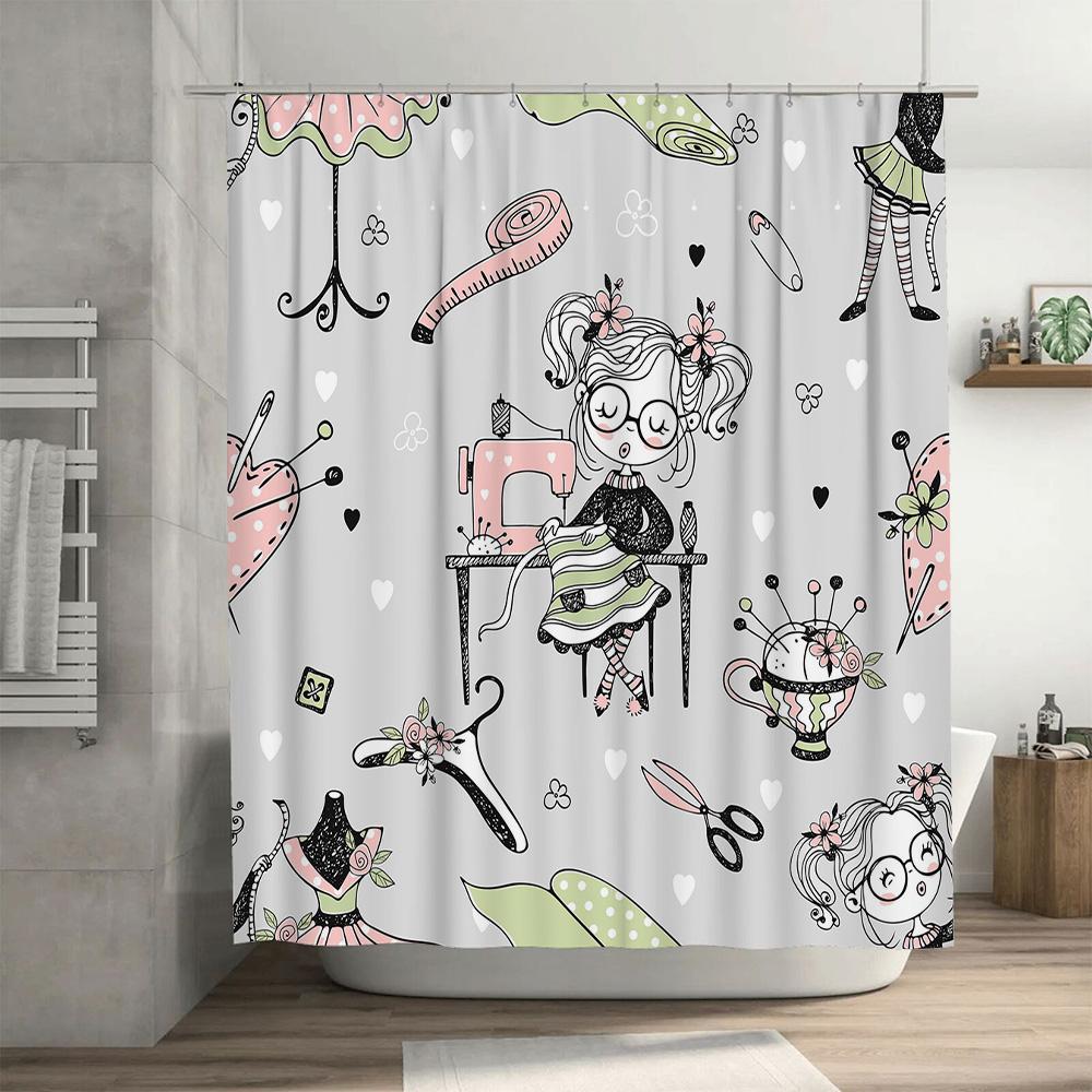 Floral Pattern Sewing Machine Cartoon Shower Curtain for Bathroom Decor White Pink Green Black Modern Kids Bath Mat Set 180x245c