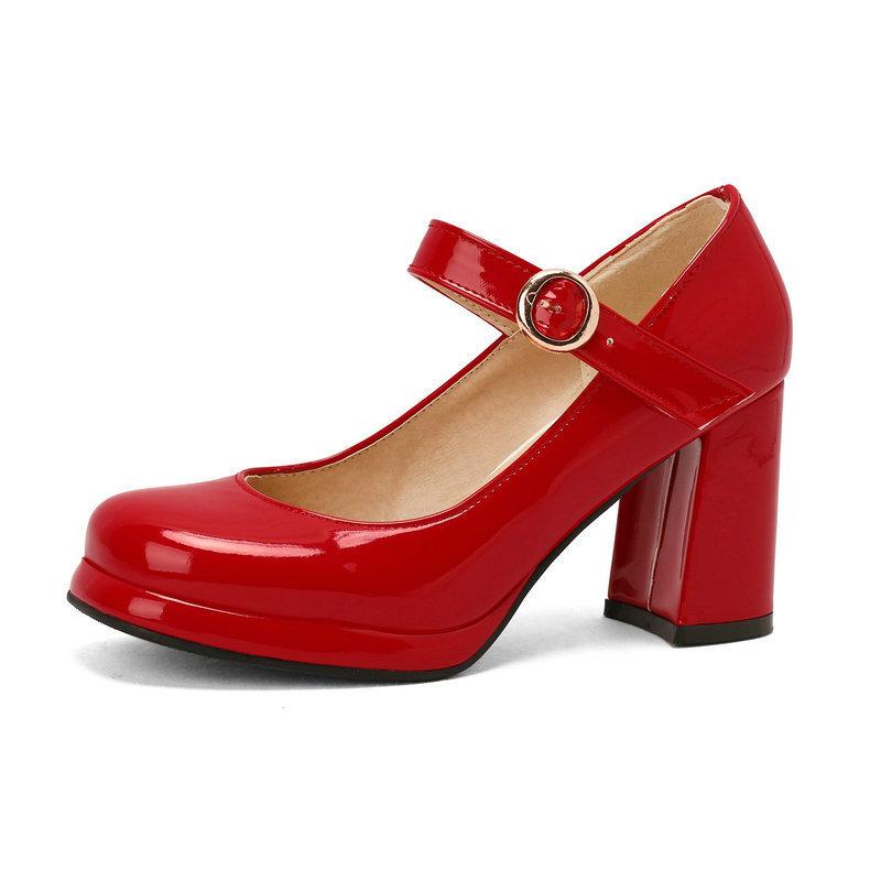 Patent leather Mary Jane women's single shoes spring and autumn new round head thick heel super high heel one-word buckle belt women's single shoes