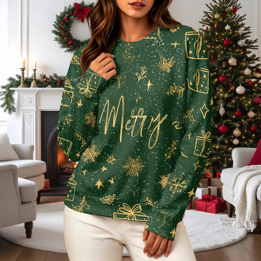 Women's Casual Long Sleeve Christmas Print Neck Sweatshirt