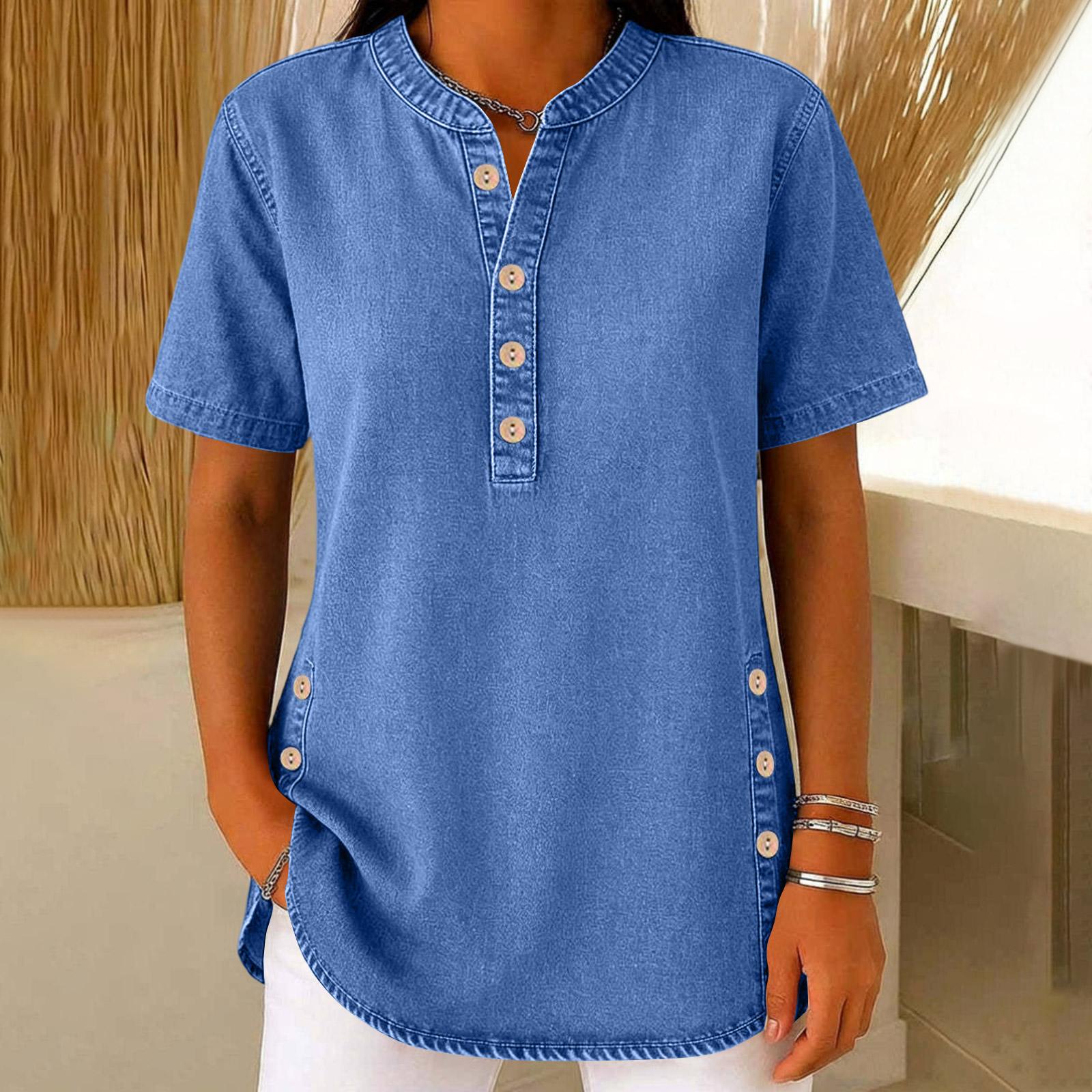 Women Casual Short Sleeve V Neck Button Front Top Lightweight Soft Fabric Relaxed Fit Tunic Blouse with Side Button Detail M