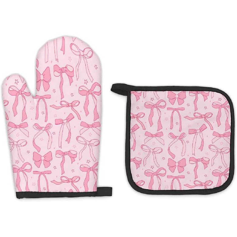 Pink Bow Coquette Decor Oven Mitts and Pot Holders Sets, PinkCoquette Preppy Kitchen Accessories Sets, Pink Ribbon Bow Preppy Heat Resistant Oven