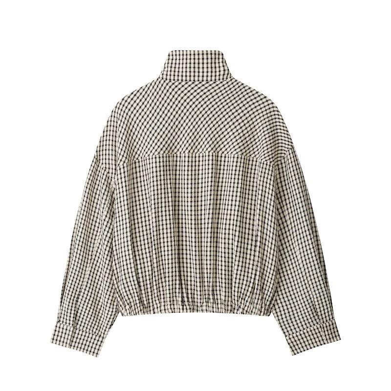 Women S Black White Plaid Stand Collar Zip Up Jacket Coat