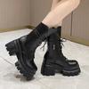 Fashion 9CM Women's Mid-Calf Boots New Fashion Lace-up Patent Leather Chunky Shoes Autumn High Heels Platform Motorcycle Boots For Woman