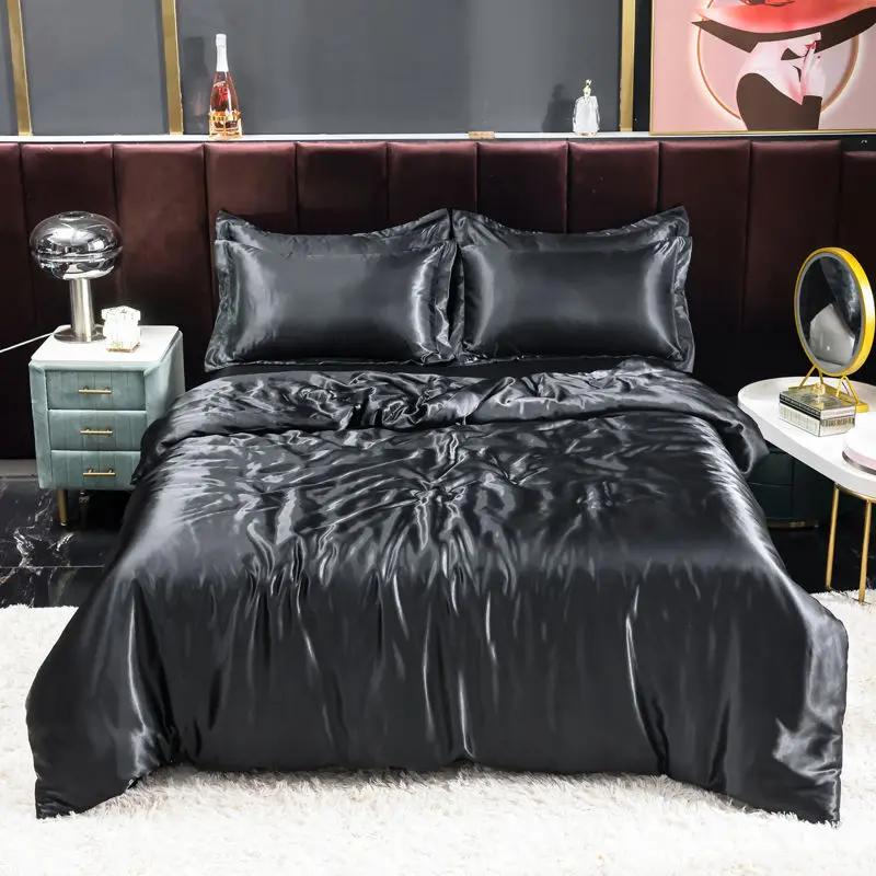 Nordic Satin Silk Bedding Set with Duvet Cover Bed Sheet Pillowcases Luxury Solid Single Double Couple Pillow Case Bedsheet