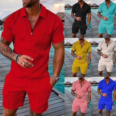 Mens Polo Zip V Neck Short Sleeve T-Shirt Tops + Shorts Set Tracksuit Sweatsuit