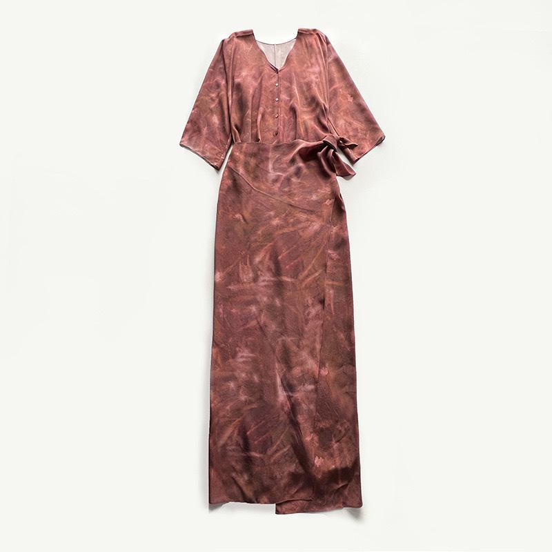 Elegant Burgundy Silk Wrap V-Neck Dress with Mid Sleeves