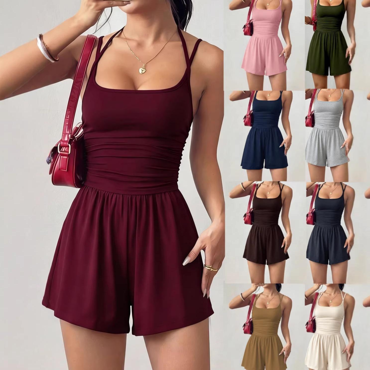 

Solid Color Halter Sleeveless Top And Shorts Casual Two Piece Set S кларет