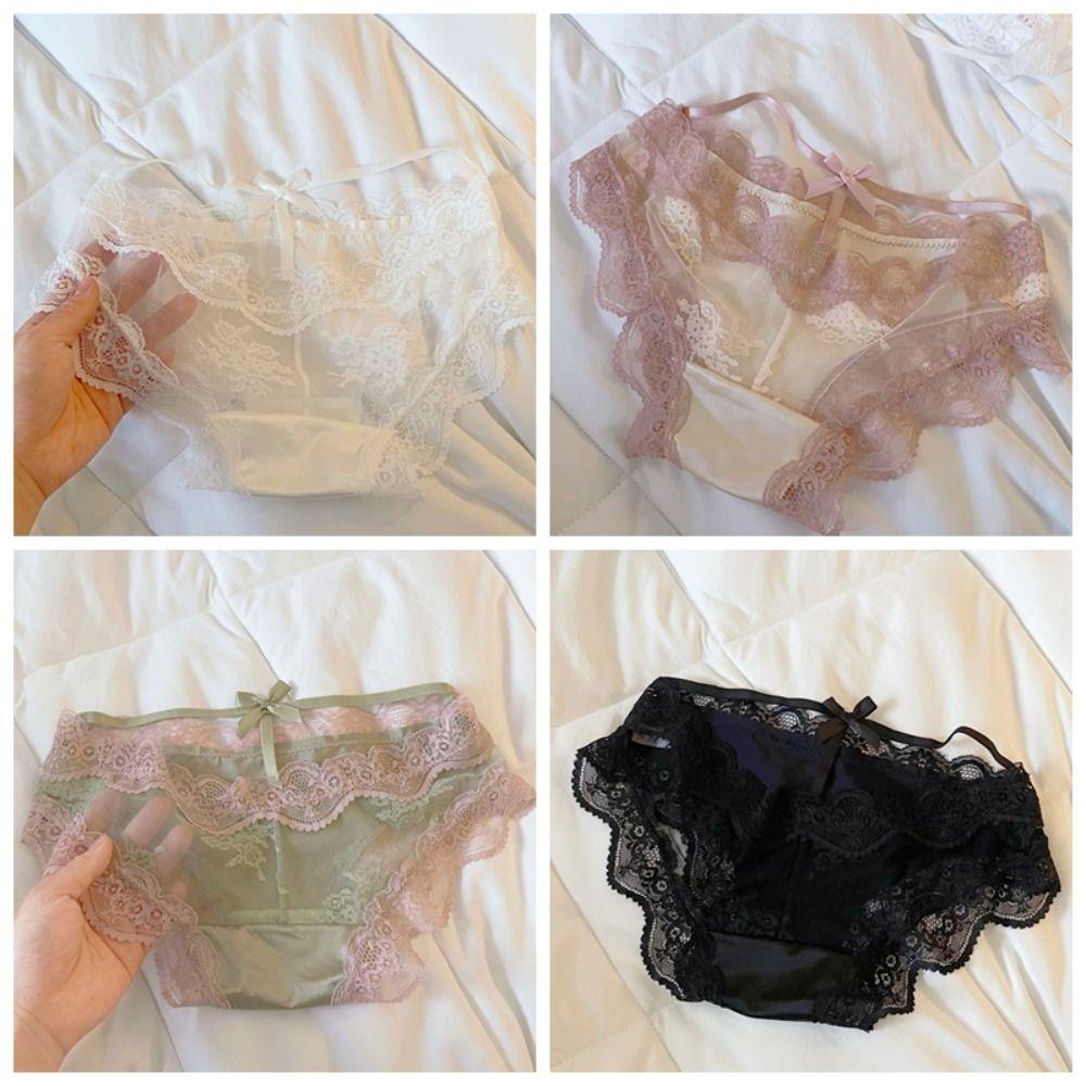 Mesh Transparent Lace Panties Seamless Lace Bow Briefs Thin Underwear for Women  Summer