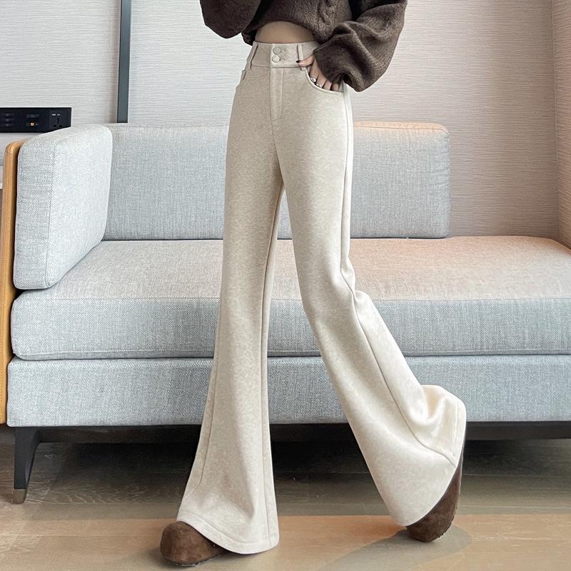 

High-Waist Velvet Wool Flared Trousers for Women - Slimming Drape, Autumn/Winter 2026 Collection Large