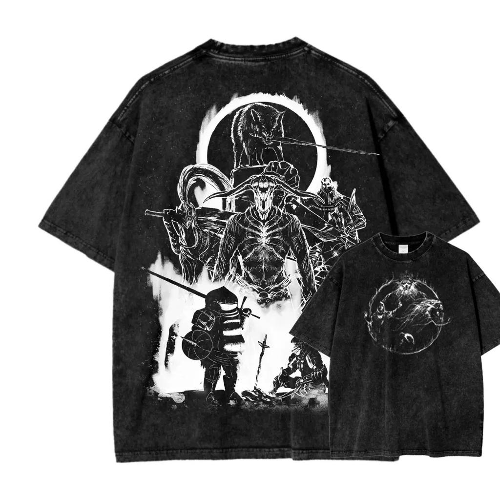 Klassiska Rollspel Dark Souls Grafiskt Tryck Vintage Tvättad T-shirt Herr Dam Mode Rundhalsad Bomull Överdimensionerad Vardaglig T-shirt